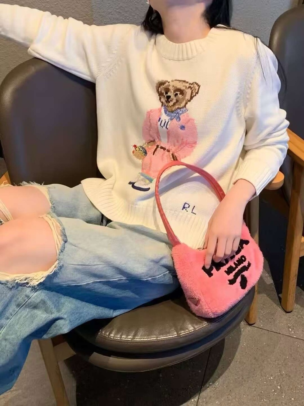 Polo by Ralph Lauren Cream Crewneck Sweater with Pink Bear Detail